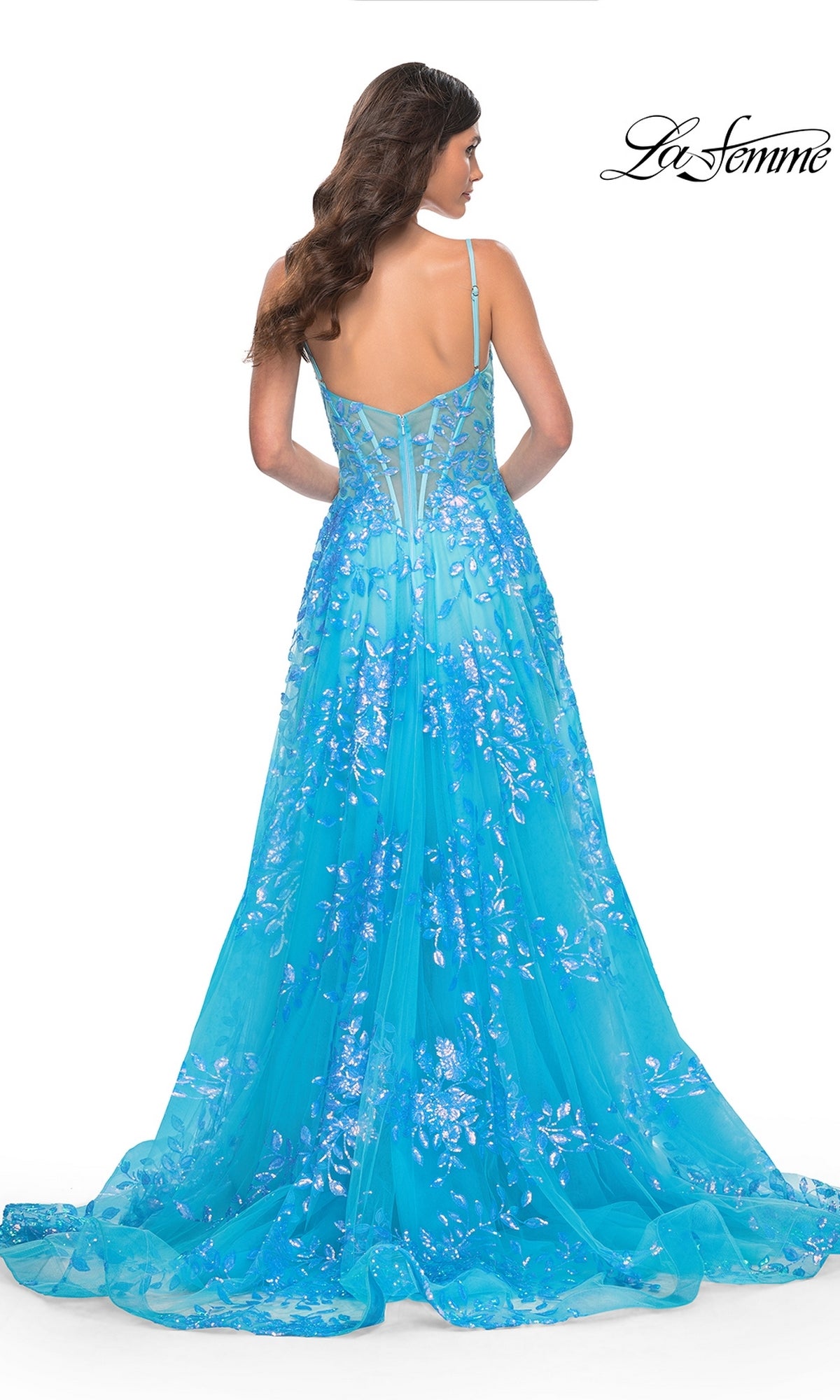 Woman wearing the La Femme Sequin-Print Long A-Line Prom Dress 32223, featuring vibrant sequin details, thin straps, and a flared skirt for an elegant prom look, shown from the back.
